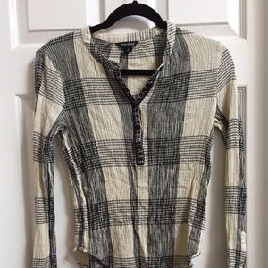 Lucky Brand White Black Plaid Linen Henley
